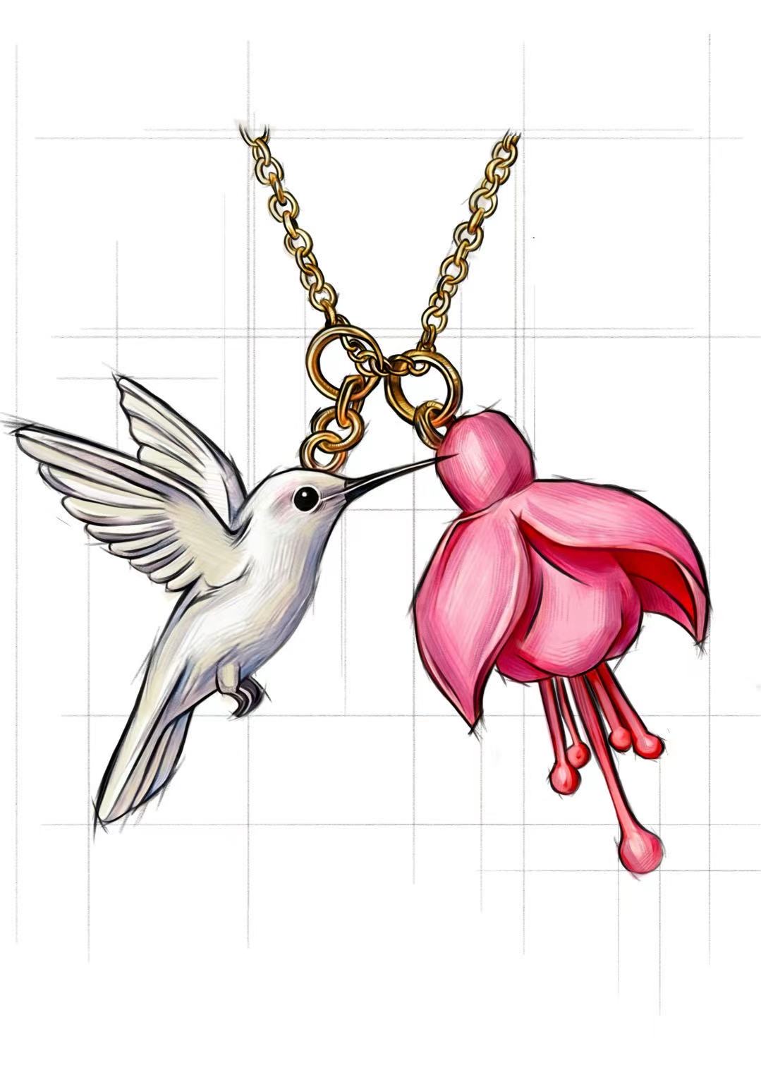 Hummingbird and Flower Necklace