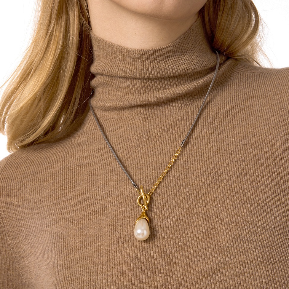 Dual-Tone Pearl Pendant Sweater Chain Necklace