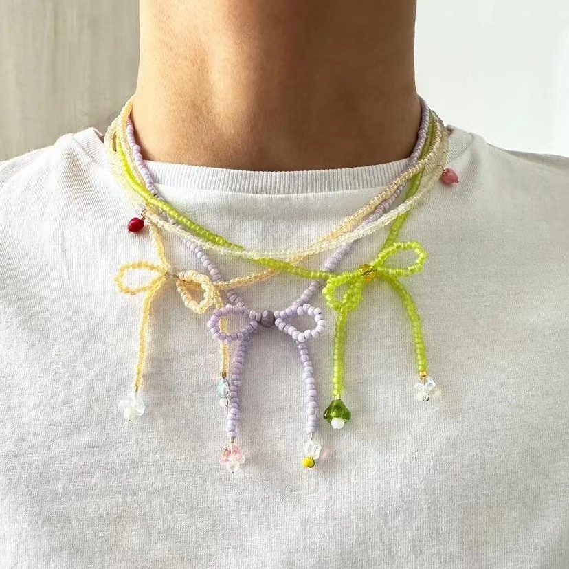 Pastel Ribbon Beaded Necklace Earring Jewelry Set