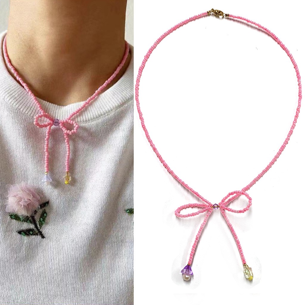 Pastel Ribbon Beaded Necklace Earring Jewelry Set