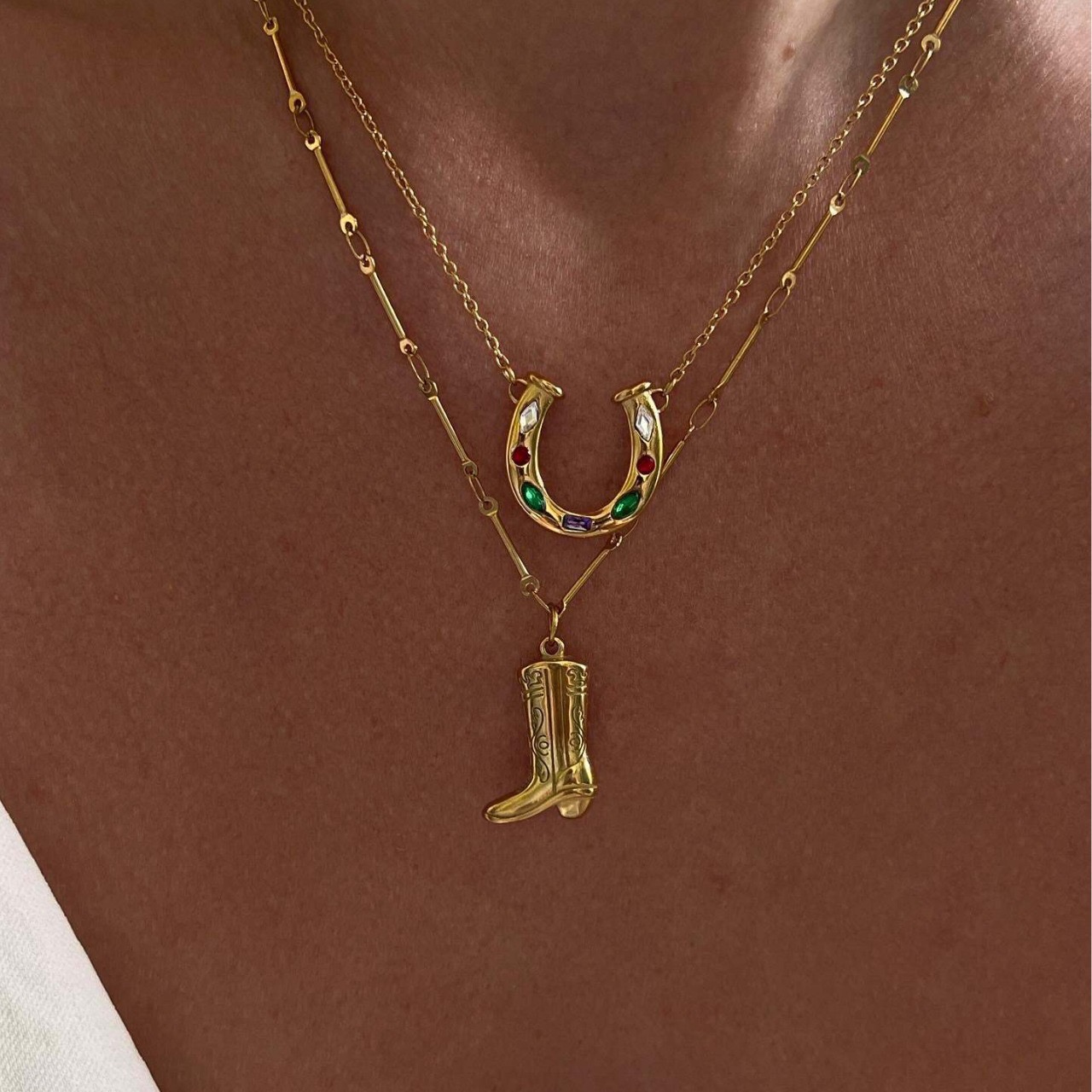 Western Horseshoe & Cowboy Boot Layered Necklace