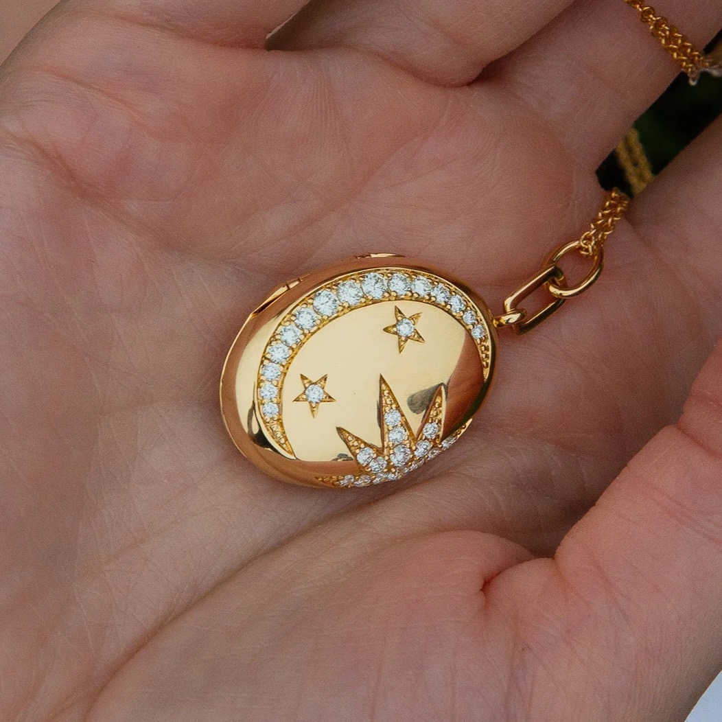 Gold Tone Crystal Celestial Locket Necklace Vintage Moon Star Sun Keepsake Pendant Jewelry
