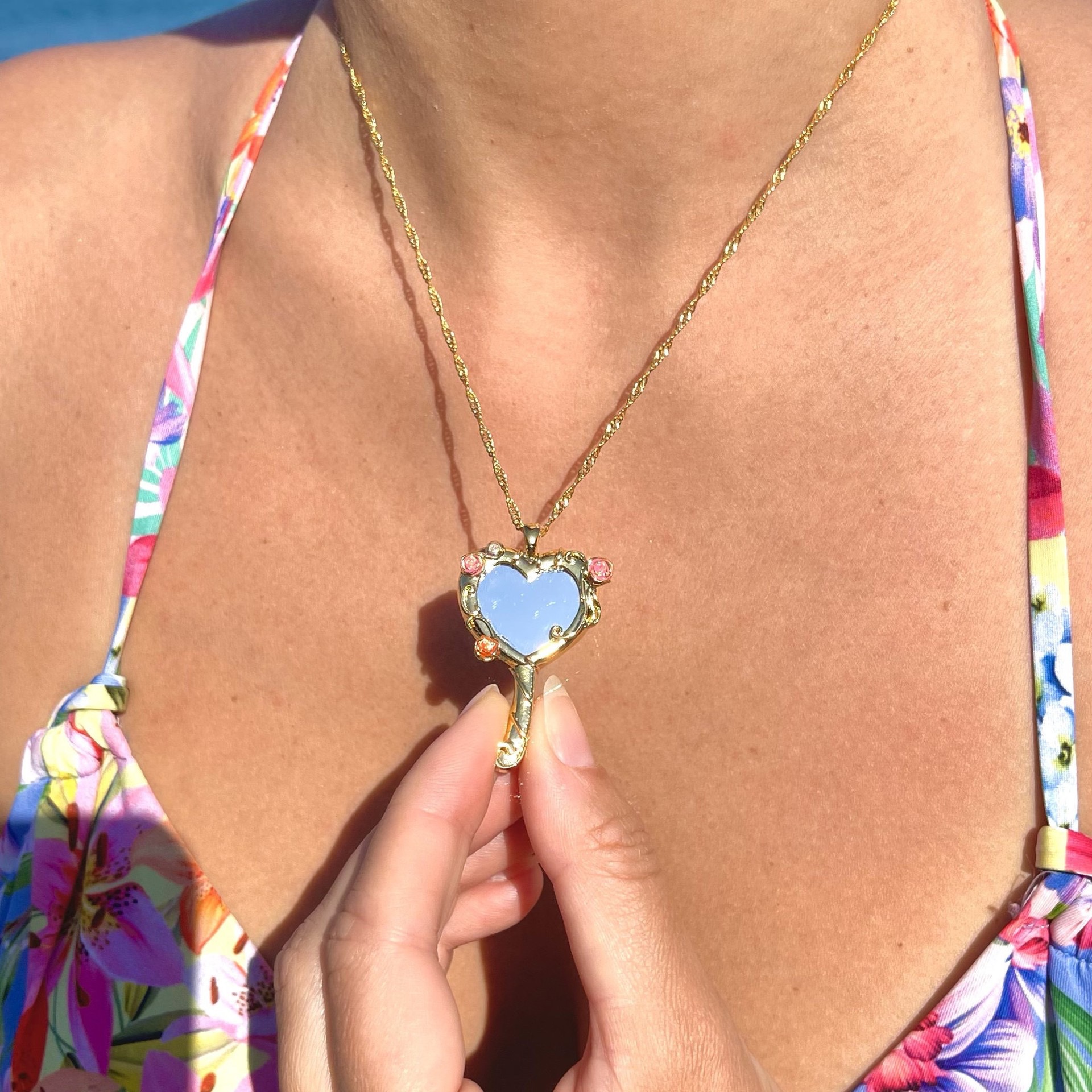 Gold Tone Heart Mirror Pendant Necklace Vintage Rose Floral Hand Mirror Statement Jewelry