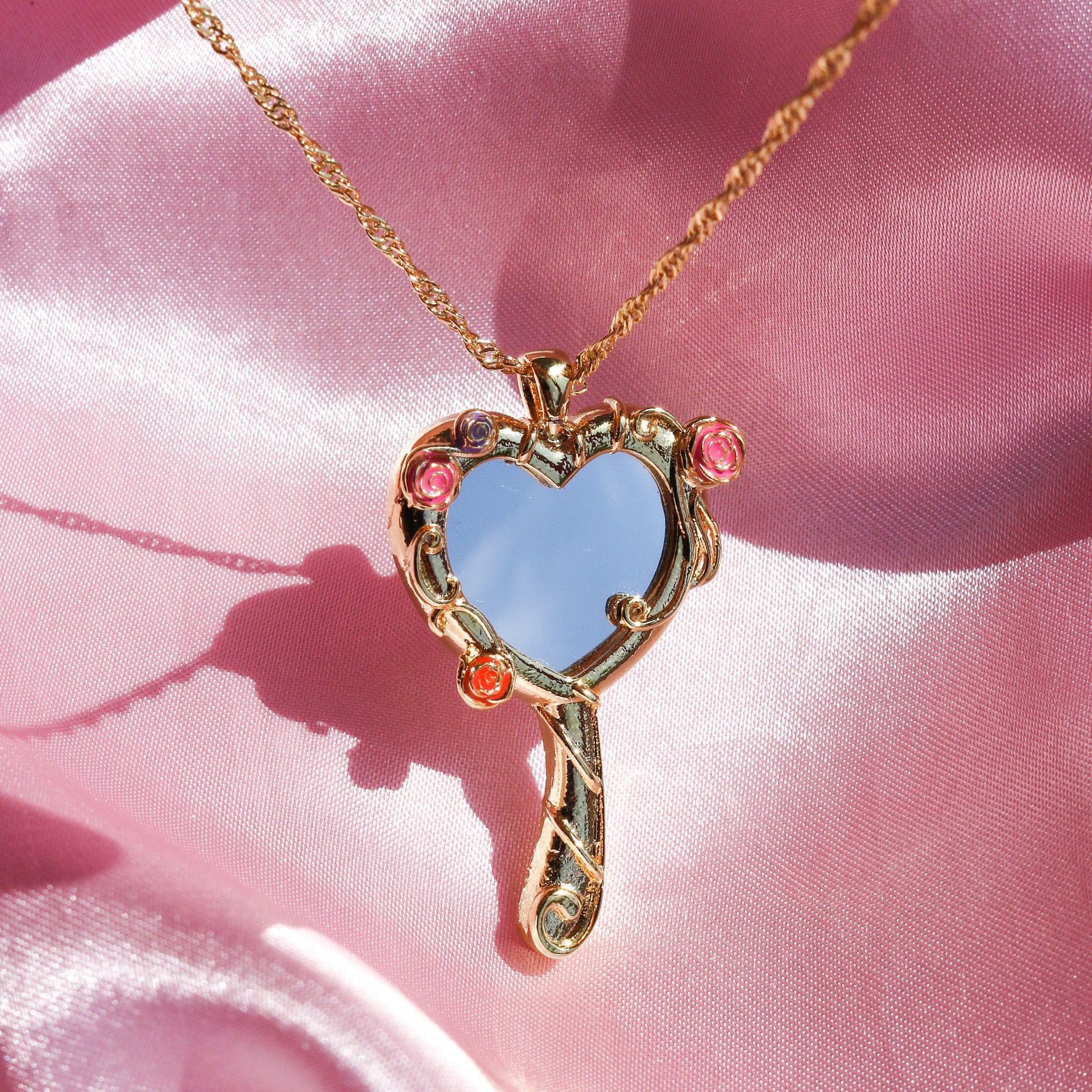 Gold Tone Heart Mirror Pendant Necklace Vintage Rose Floral Hand Mirror Statement Jewelry