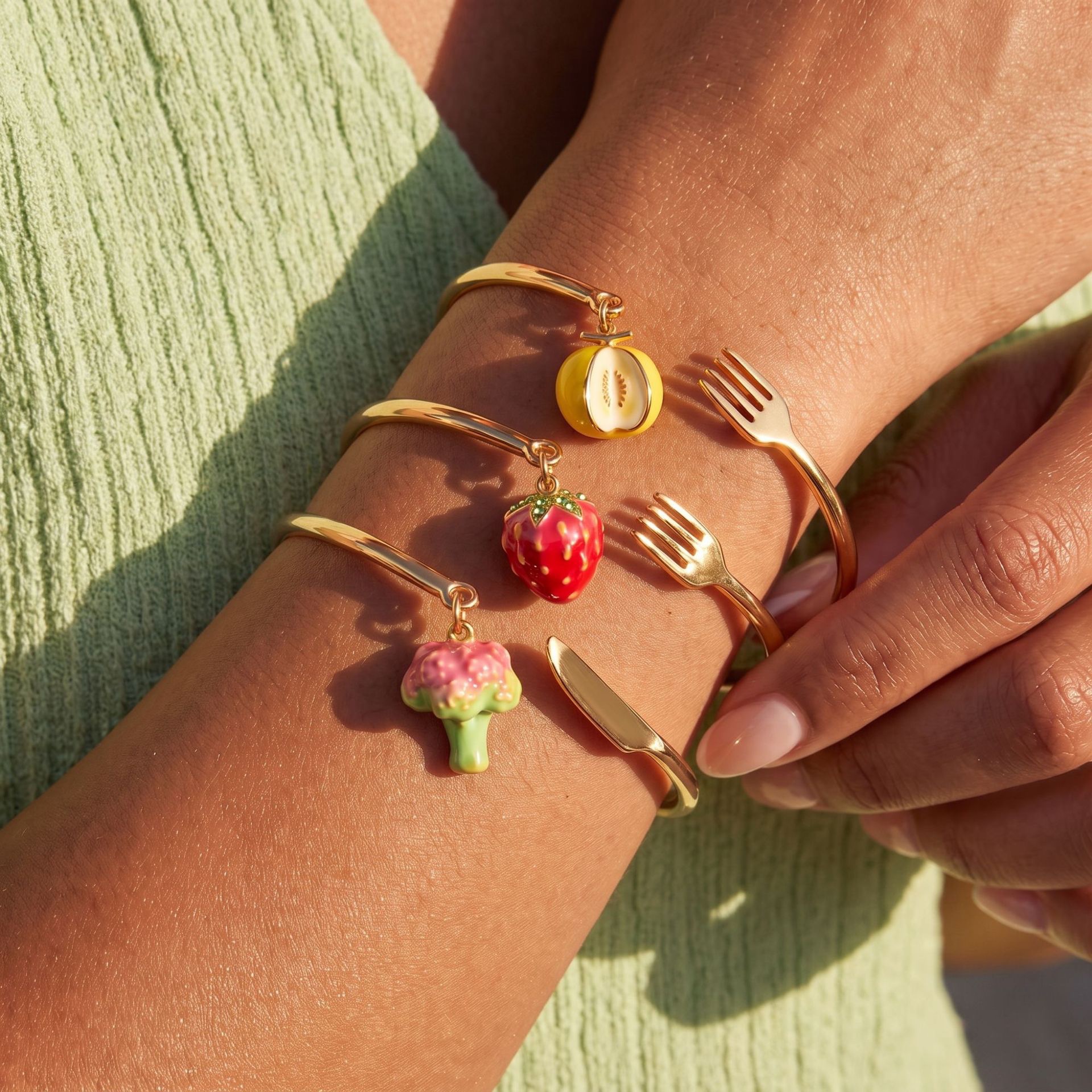 Gold Tone Fork & Knife Open Cuff Bracelet with Colorful Fruit and Vegetable Charms Whimsical Food Jewelry