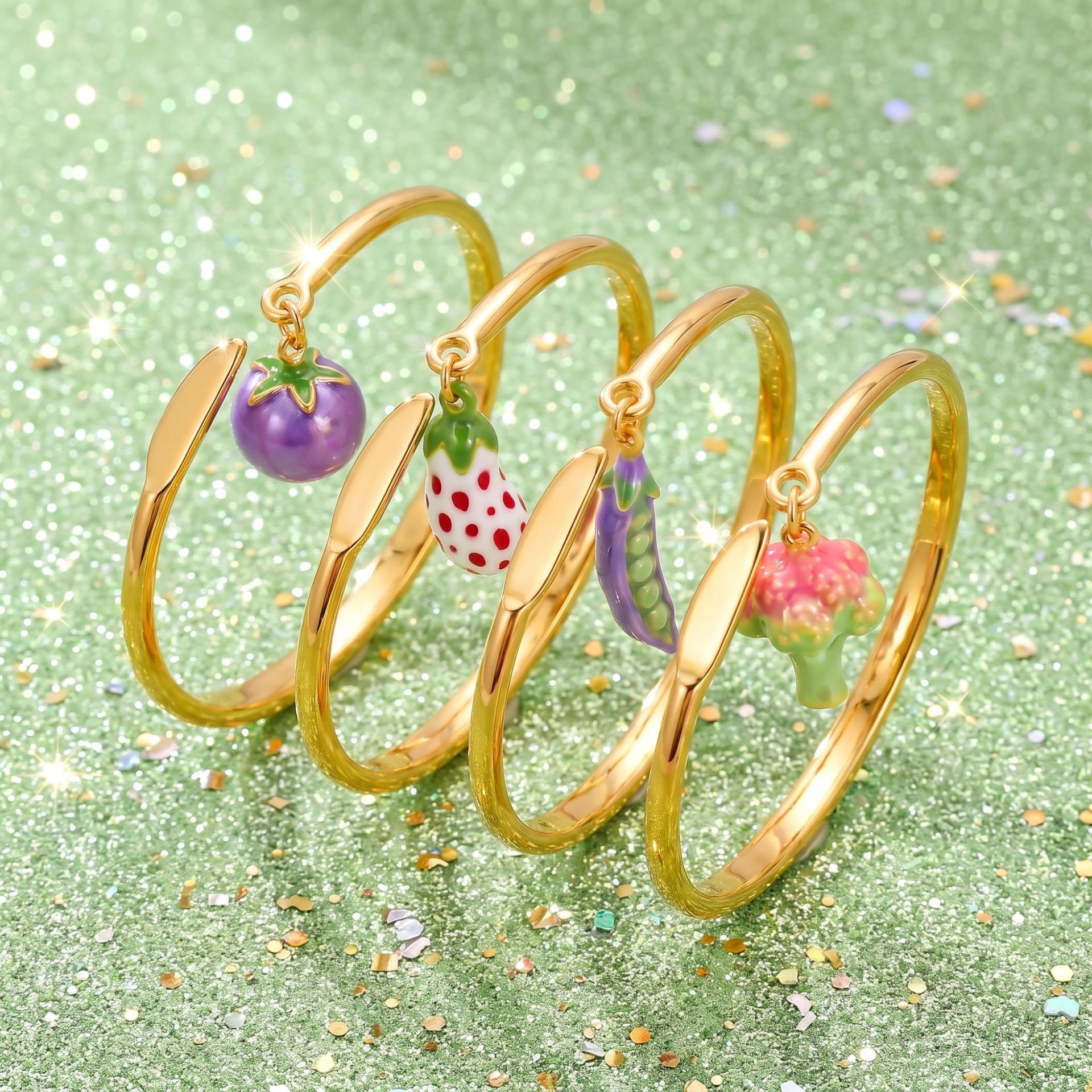Gold Tone Fork & Knife Open Cuff Bracelet with Colorful Fruit and Vegetable Charms Whimsical Food Jewelry
