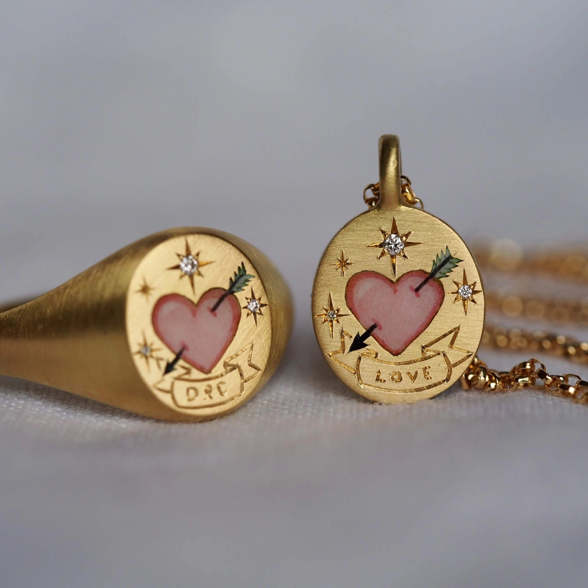 Gold Tone Stainless Steel Pink Heart & Arrow Love Pendant Necklace with Crystal Star Accents