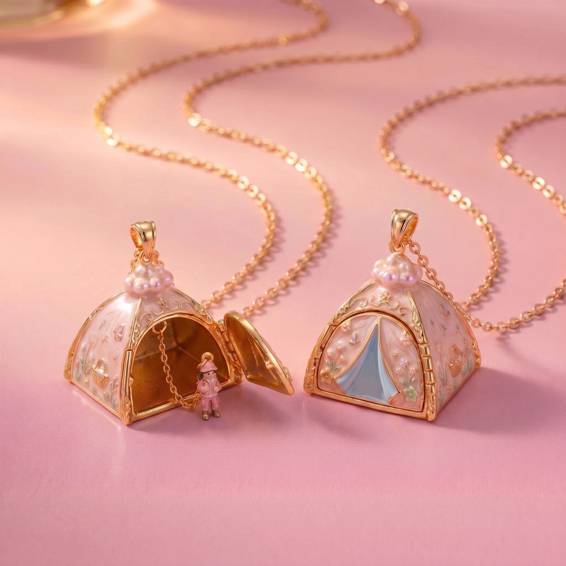 Miniature Storybook Locket Pendant Necklace with Enamel Cottage Charm & Pearl Cloud Detail Collection