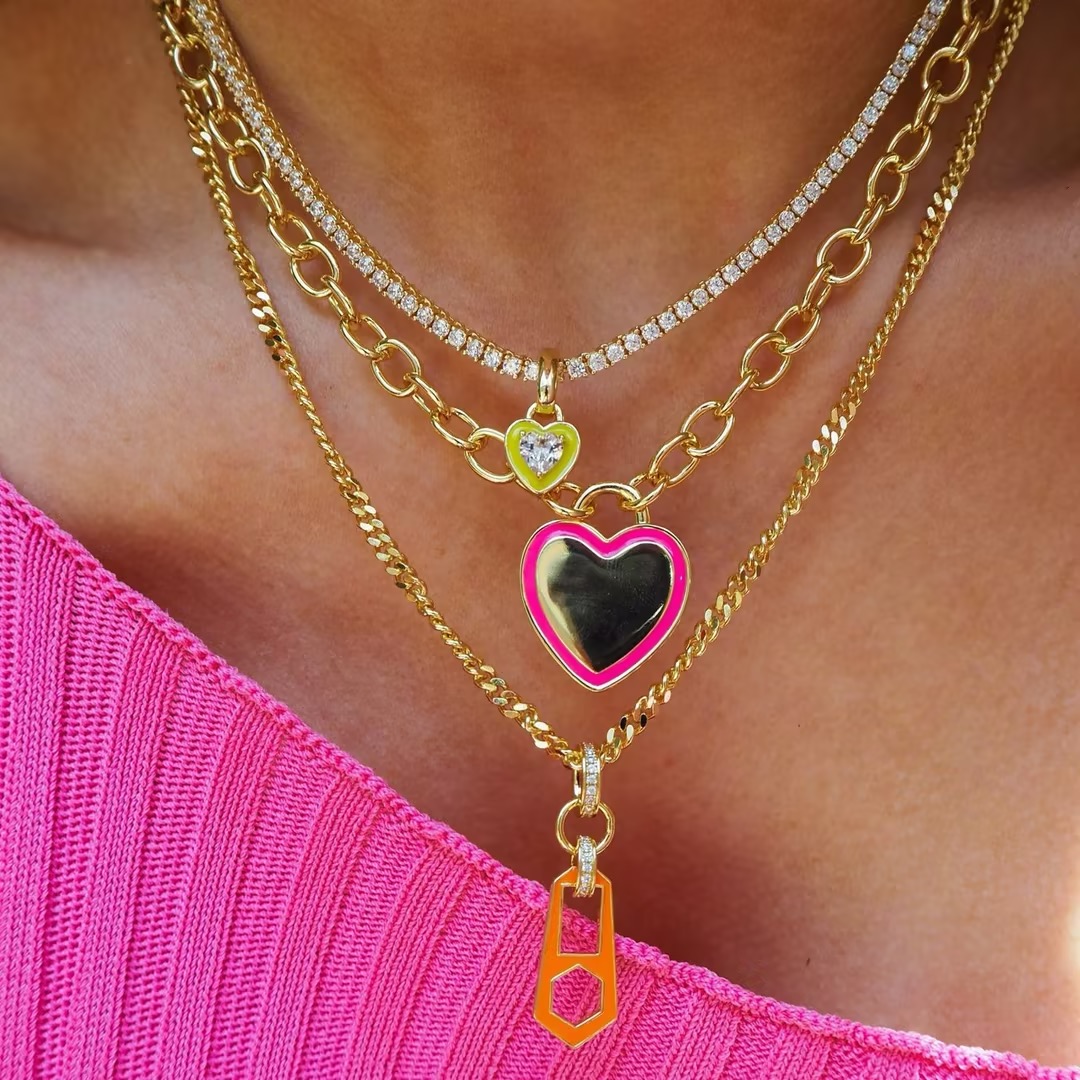 Colorful Heart CZ Tennis Necklace with Enamel Heart Pendant Charm Sparkling Gemstone Chain and Layering Jewelry Design